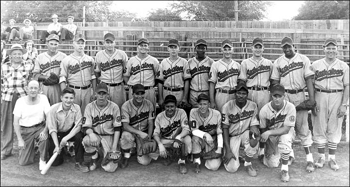 The 1951 Saskatoon 55s semi pro team with Gordie Howe in the front row, right end.