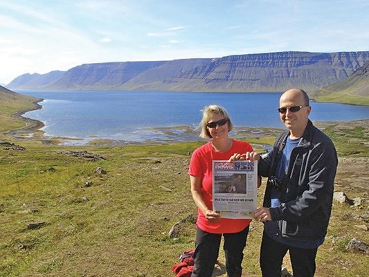 Carol and Doug Tallman visit Arnarfjordur, a large fjord, during a trip through the West Fjords region of Iceland while touring and visiting family.