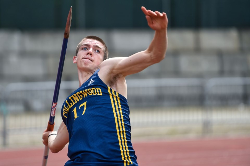 Brendan Artley lets fly at the North Shore Track and Field Championships. The Collingwood Grade 12 student won provincial championships in javelin, tennis and basketball this season. photo Ryan Tobin/Collingwood School