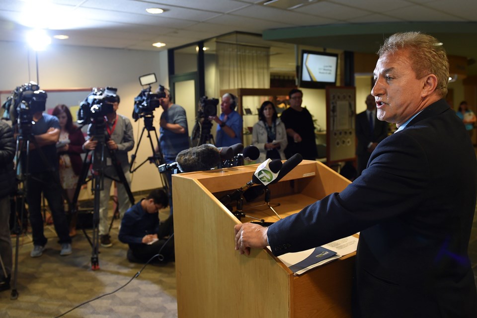 VSB chairman Mike Lombardi spoke at a press conference Monday announcing a list of 12 Vancouver schools that might be closed. Photo Dan Toulgoet