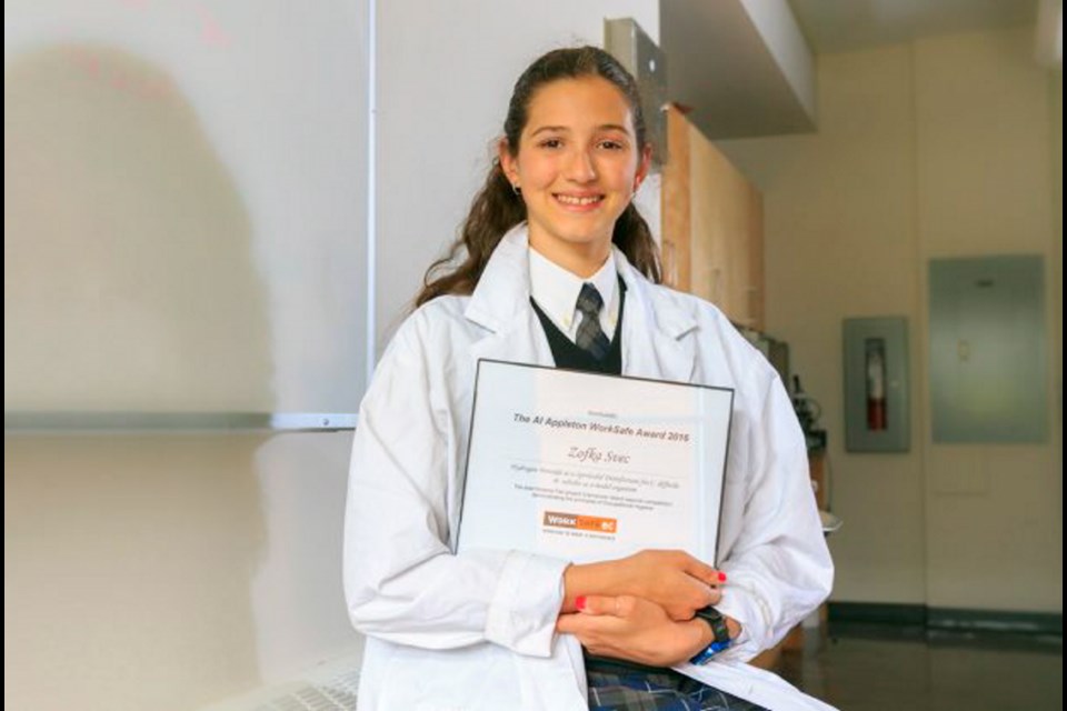 Zofka Svec, a Grade 7 student at Maria Montessori Academy, earned WorkSafe B.C.'s Al Appleton Award for discovering what might be the solution to controlling C. difficile, a problematic hospital superbug.