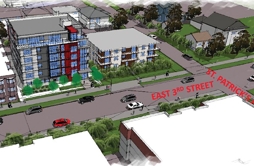 An artist's rendering of a rental building proposed for the 300-block of East Third Street. image supplied.
