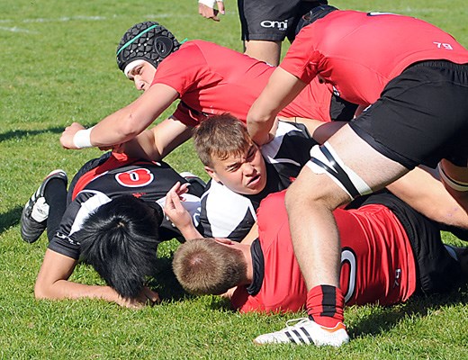 Carson Graham (in black) knocked off St. George's 29-13 in the Lower Mainland senior boys AAA rugby championship game held May 17 at Stanley Park's Brockton Oval.