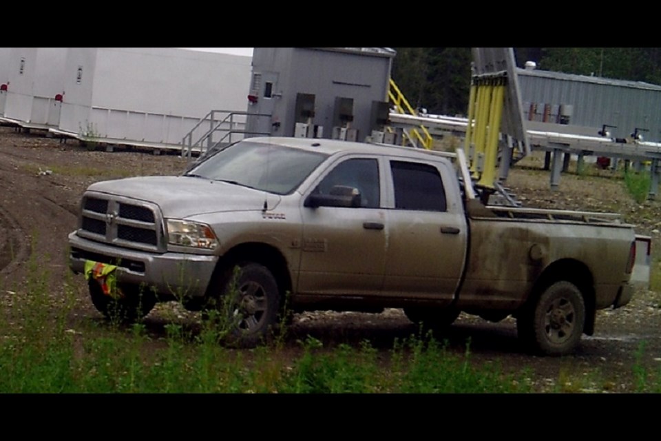 Police are searching for this vehicle, which was captured on surveillance video at a CNRL work site in the South Peace area. Police believe the truck was used in the theft of over $5,000 worth of equipment.