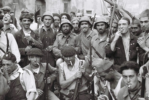 A photo from Live Souls: Citizens and Volunteers of Civil War Spain shows jubilant militia members of the Spanish Republic in 1936.