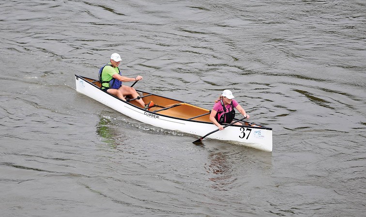 The husband and wife team of Tony and Wendy Fiala make their way down the Nechako River on Sunday while competing in the Simon Fraser Class of the Northern Hardware Prince George Canoe Race.