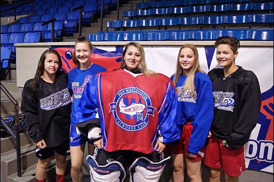 From left, New Westminster Salmonbellies Graceyn Dean, Jessica Sowenen, Jenna Phillips, Hanna Bernoe and Shianne Lowka are off to the 2016 Female Box Lacrosse Nationals in Calgary with B.C.’s provincial midget team next week.