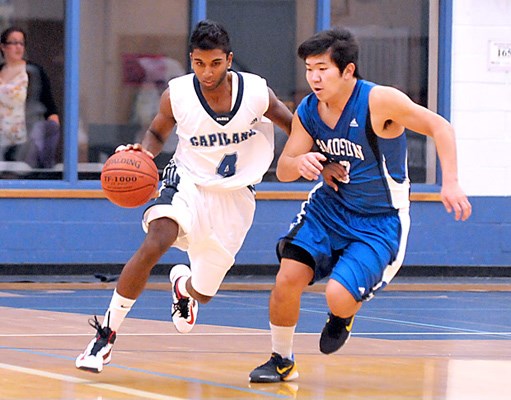 Capilano University men's Blues #4 Josh Reddy in action against Camosun College Chargers at the Capilano Sportsplex.