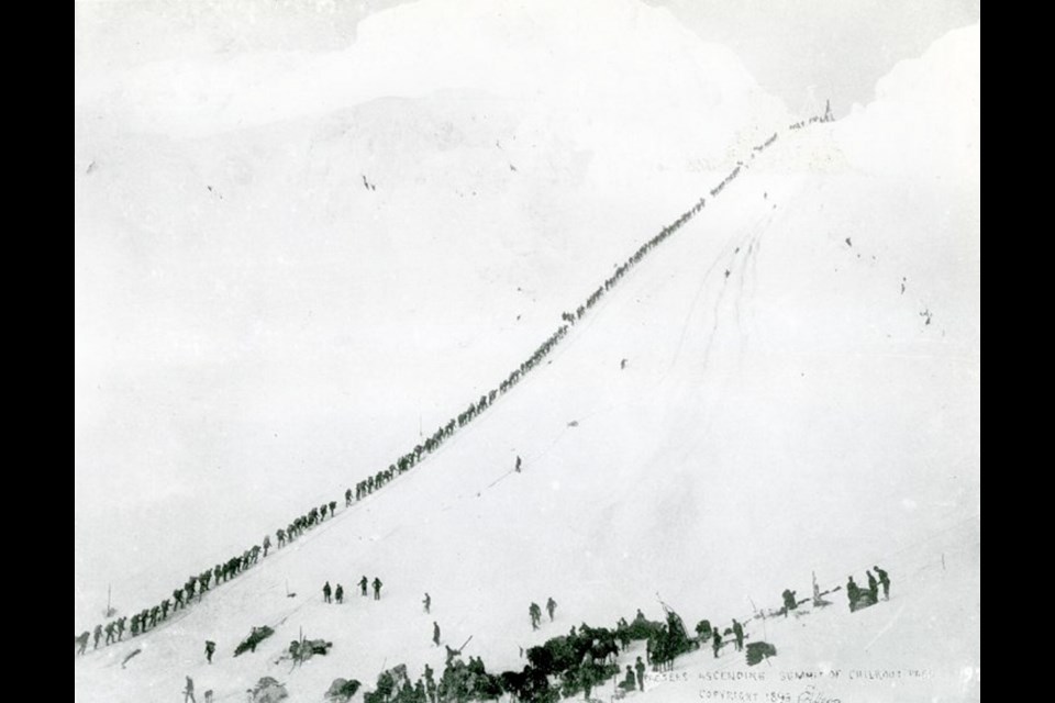 During the gold rush in the 1890s, a continuous line of men crawled over Chilkoot Pass, lured by Klondike gold. Each man packed a tonne of supplies, required for entry into Canada, which often meant many trips up and back to move it all.
