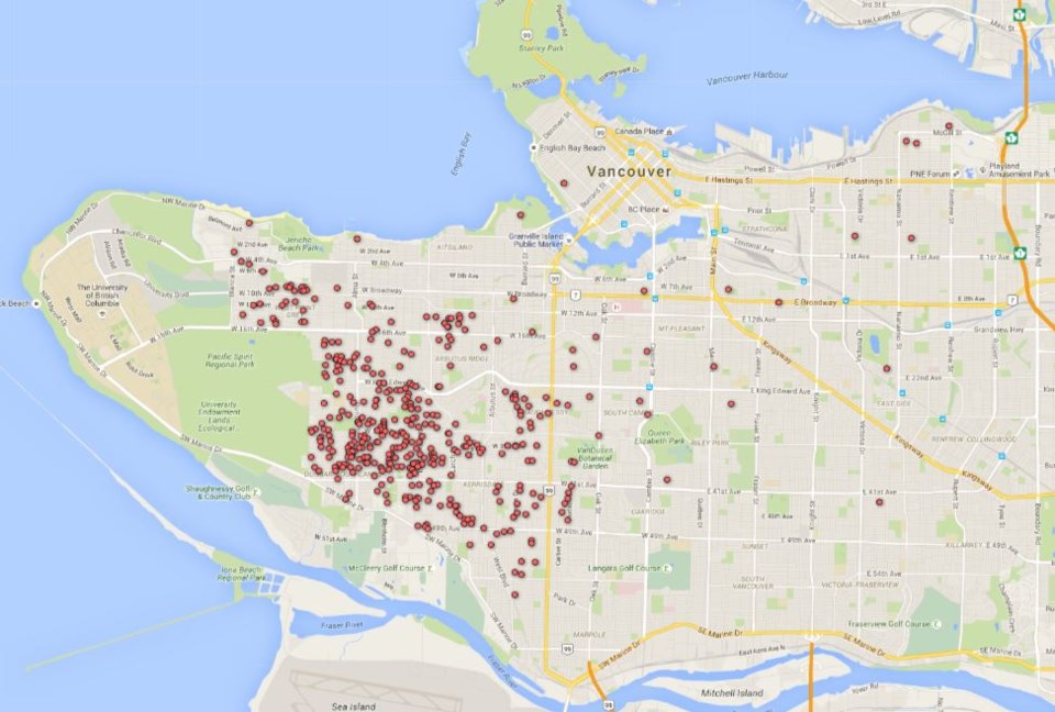 This map represents a small portion of character homes that have been torn down in Vancouver.