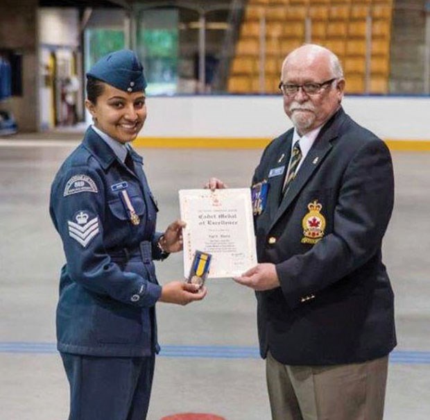 Ladner Legion president Al Ridgway recently presented Flight Sergeant Ameet Khaira with the Legion Cadet Medal of Excellence.