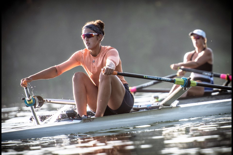Burnaby’s Layla Balooch, at left, works the oars at another training session in Victoria, preparing for her first international competition as part of Canada’s under-23 rowing team.