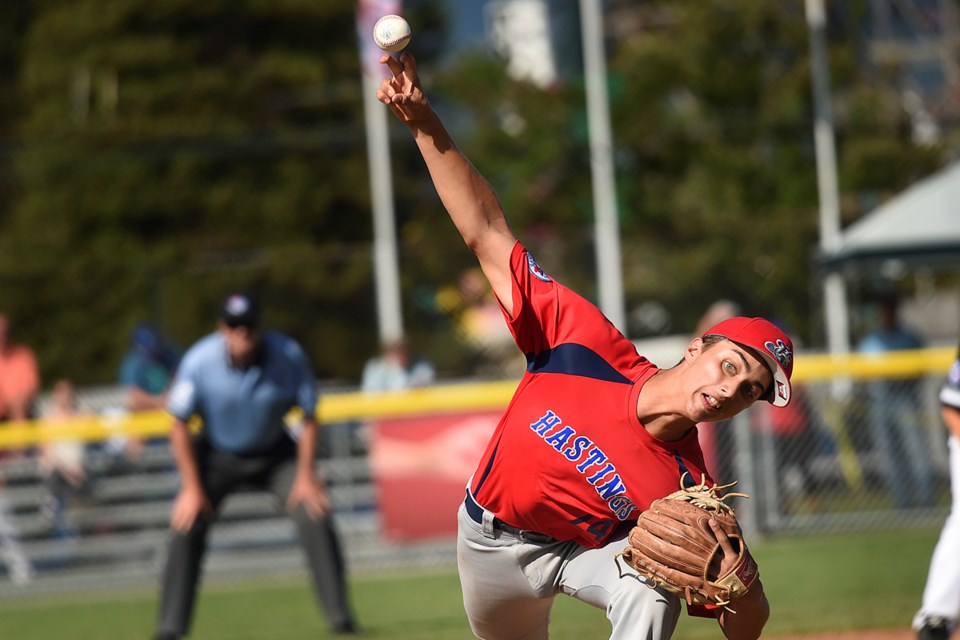 Hastings pitcher Loreto Siniscalchi came in for the save during Wednesday's 14-4 win over Team Quebec. The 13-year-old struck out four opposing batters to secure the win.