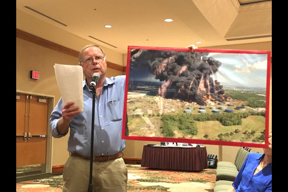 Local resident John Clarke lives close to the Kinder Morgan tank farm on Burnaby Mountain. He spoke out against the Kinder Morgan pipeline at the final day of consultations with the federal government’s three-person panel. The panellists are gathering feedback on the pipeline expansion along the route and marine shipping corridor.