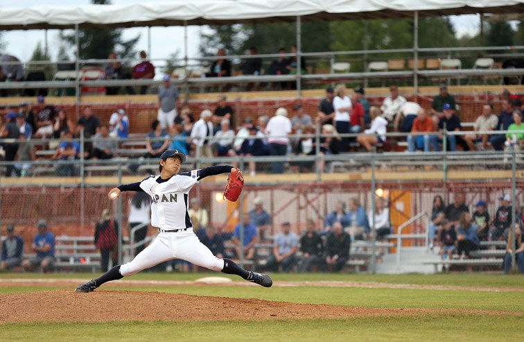 Yamaoka Taisuke of Team Japan hurls a pitch against the Roswell Invaders on Saturday at Citizen Field during the gold-medal game of the Ramada World Baseball Challenge. Citizen Photo by James Doyle August 20, 2016