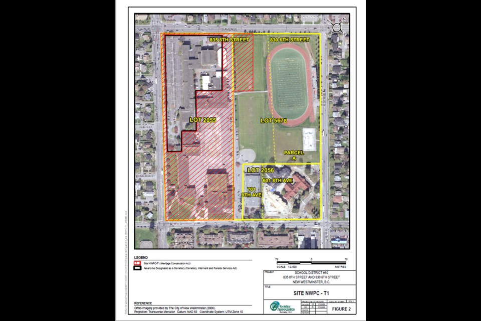 Pictured is the New Westminster Secondary School site and adjacent Mercer Stadium site (city-owned). The section cross-hatched by red lines is the area protected under the Heritage Conservation Act while the section outlined in black and red is the official cemetery area. The school district is investigating the heritage area to determine where remains were buried while the Douglas Road Cemetery was in use between 1860 and 1920.
