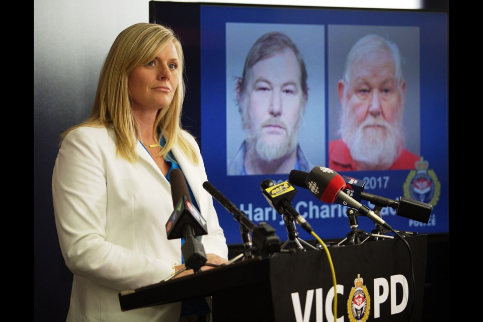 Victoria police Sgt. Kristi Ross of Special Victims Unit speaks at a press conference Wednesday about the arrest of former badminton coach Harry Charles Sadd, seen in photos in 1992 and today.