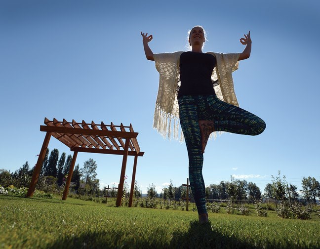 Certified yoga instructor Rachelle Diachuk leads a yoga class in the sunshine in the orchard at North Lights Estate Winery Tuesday morning. Yogis of all levels are welcome to the class. It's $10 for the class with proceeds going to the Climb for Cancer. The class is from 11 a.m. to noon every Tuesday. Participants need to register in the wine shop before class. Citizen photo by Brent Braaten Aug 23 2016 2016