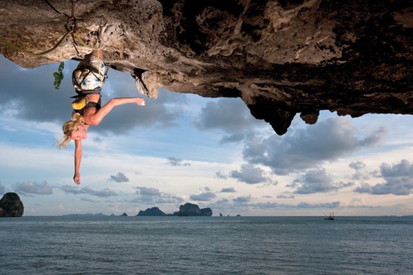 Eliza Kubarska, shown rock climbing in Thailand, is currently working on two new documentary films in extremely different locations - one follows a journey to a K2 base camp, one of the highest points in the world while the other is an underwater film.