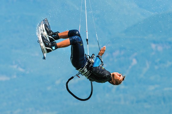 West Vancouver’s Jack Rieder pulls off a high-flying stunt at the Kite Clash Championships held Aug. 26-28 in Squamish. The 16-year-old, who began kiteboarding just two years ago, won the Canadian junior freestyle and international junior open competitions while also picking up a pair of silver medals in senior men’s events. photo by Brian Aikens