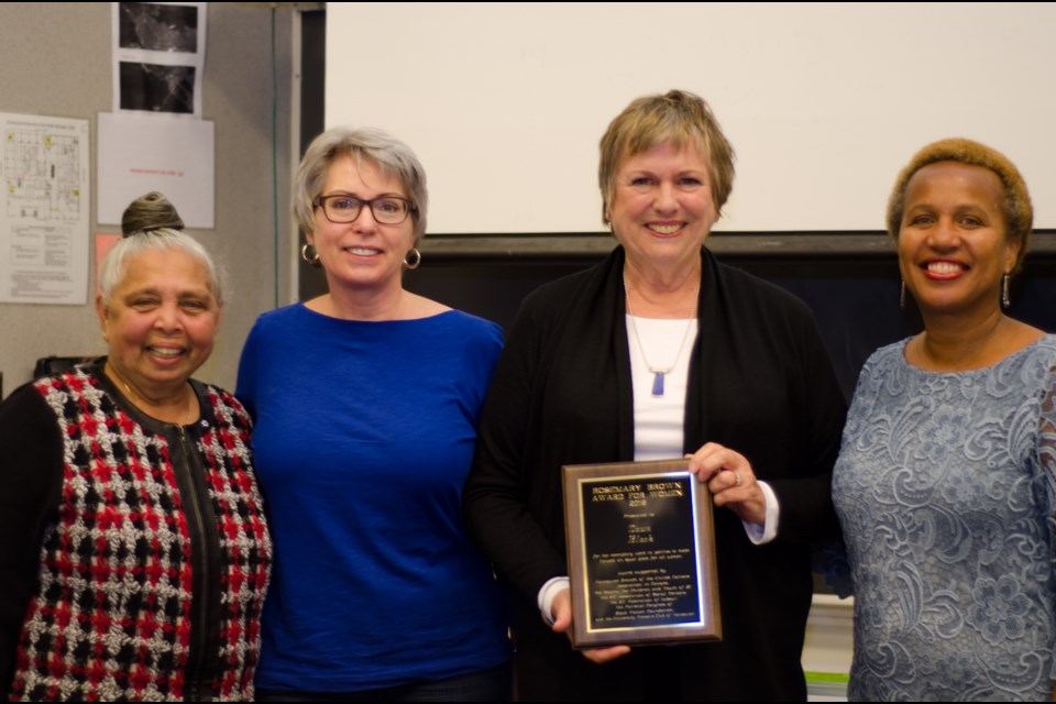 From left, Patsy George, a women’s rights activist, Kimberly Azyan of the B.C. Association of Social Workers, longtime New Westminster resident Dawn Black and Cleta Brown Rosemary Brown, were among those who gathered at Simon Fraser University for the annual Rosemary Brown Memorial conference. Black, a former MP and MPL who has championed women’s equality, received the Rosemary Brown Award for Women at the conference.