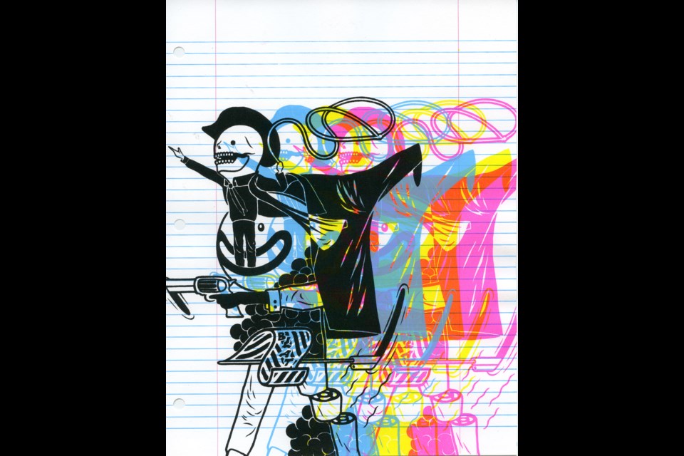 A detail from Ben Duncan’s screenprint Ikimashou, one of the works in the new Ever Onward exhibition at Burnaby Public Library’s Metrotown branch.