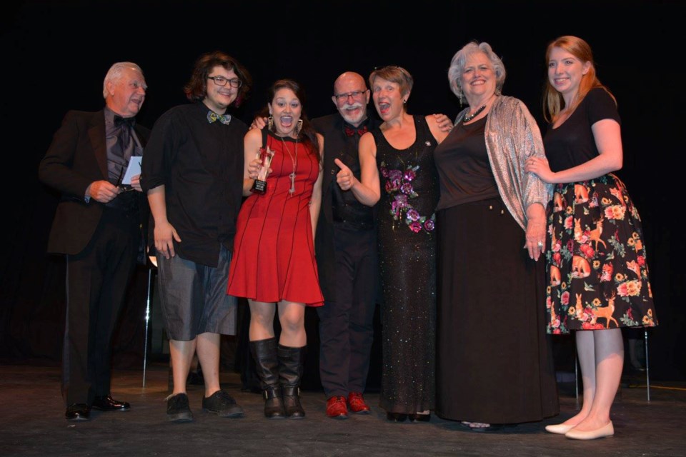 DramaNatrix Productions accepts the award for Best Production-Musical at the Community Theatre Coalition Awards. From left to right are Peter Walton (presenter), Ash Norton, Stephanie Liatopoulos, Randy McCormick (presenter), Nancy von Euw (also Best Director-Musical), Sue Sparlin and Katie Purych (Best Actress-Musical).