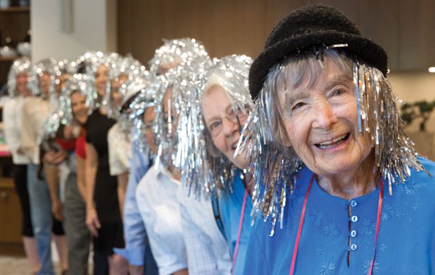 Bernyce Wand (right) and others at The Wexford seniors residence wore silver wigs for a fun Silver Fox Walk Wednesday afternoon. They were raising awareness about the Terry Fox Run, which takes place Sunday morning in Tsawwassen.