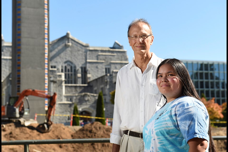 UBC First Nations House of Learning director Linc Kesler and UBC student Adina Williams stand in front of the future site of the Indian Residential School History and Dialogue Centre, which is slated to open in the 2017-18 academic year. Photo Dan Toulgoet