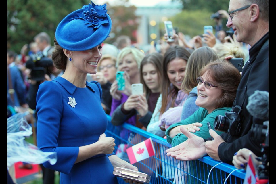 The Duchess of Cambridge greets a large crowd of admirers during the welcoming ceremony at the B.C. legislature on Saturday, Sept. 24, 2016.