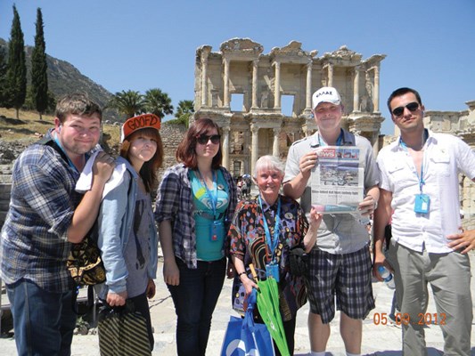 Ryan and Kaitlyn Taylor, Louisa Grant, Christa Sandvoss, and Allan and Chris Grant visit the ruins of Ephesus in Turkey while on a trip through Europe.