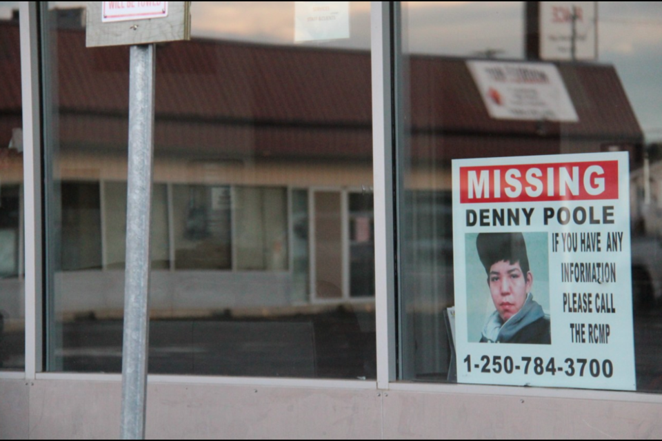A missing poster for Denny Poole at Aboriginal Family Services in Dawson Creek. Seven months after he disappeared, friends and family are left to wonder how a 15-year-old boy can just vanish.
