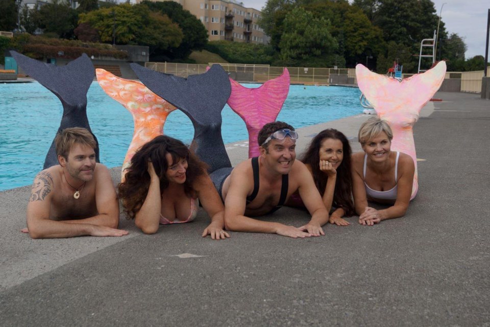Rick Mercer, centre, donned a tail and suspenders for a stint as a merman for the Rick Mercer Report. Joining him in the water were, from left, Charles Heffernan, Annette Johnston, New West resident Lori Pappajohn and Anke Jenkins.