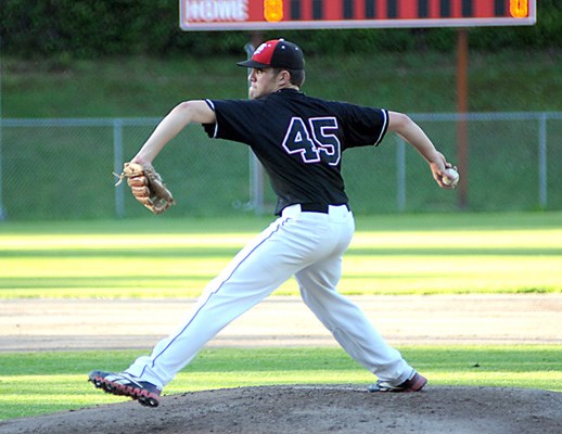 North Shore Twins pitcher Clark Grisbrook in action against the Coquitlam Reds at Parkgate Park in North Vancouver.