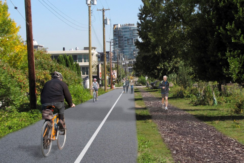 City renderings of the Arbutus Greenway include a section with a separated asphalt cycling and walking path along with an additional bark mulch walking path.This rendering is at Cypress Street in Kitsilano.