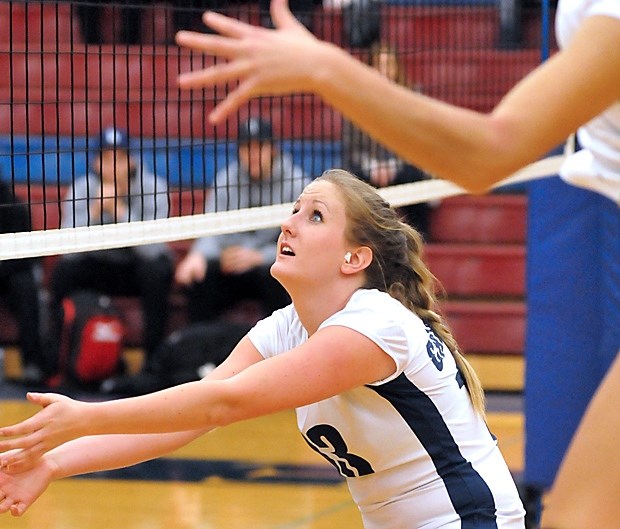 Kolby Richter digs in during a PacWest match last season. Richter will be one of four fifth-year players in the lineup for the Capilano Blues when they play their home opener Friday. photo by Paul McGrath, North Shore News