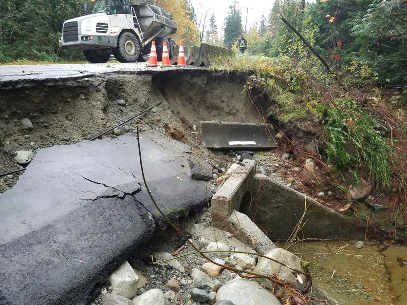Heavy rain Oct. 14 led to a washout on the Port Mellon Highway at Dakota Creek.
