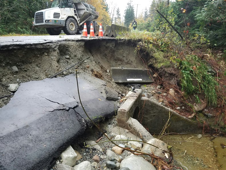 Heavy rain Oct. 14 led to a washout on the Port Mellon Highway at Dakota Creek.