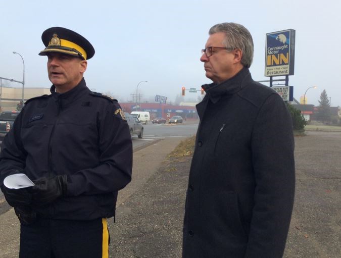 Prince George RCMP Supt. Warren Brown with Mayor Lyn Hall spoke about a significant crime drop near Connaught Motor Inn after the business license was suspended in July.