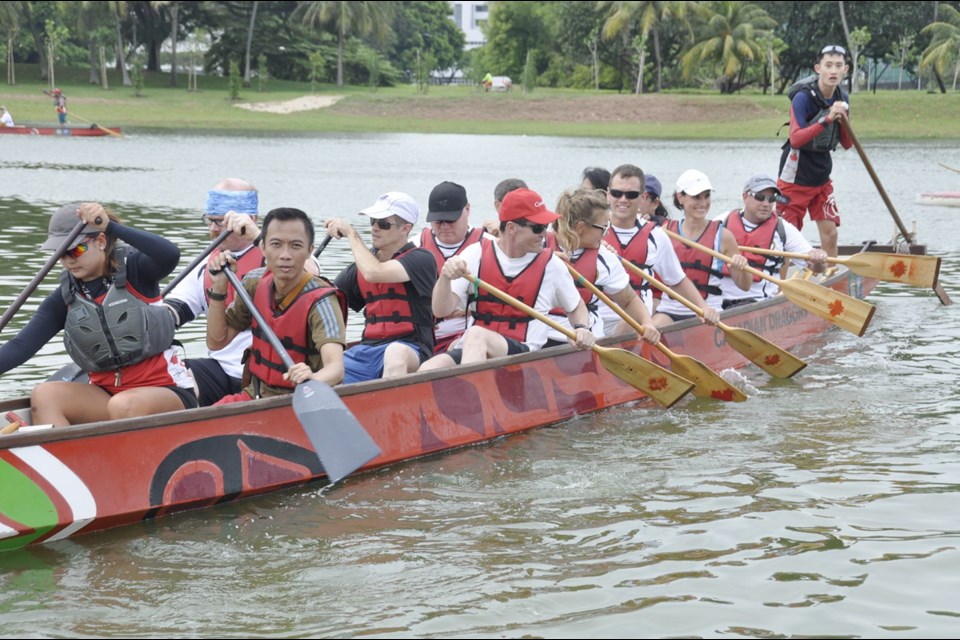 Sailors from HMCS Vancouver joined Canadian High Commission staff and the Canadian Dragons, a local dragon boat team, for some friendly competition on the water in Singapore on Oct. 14.