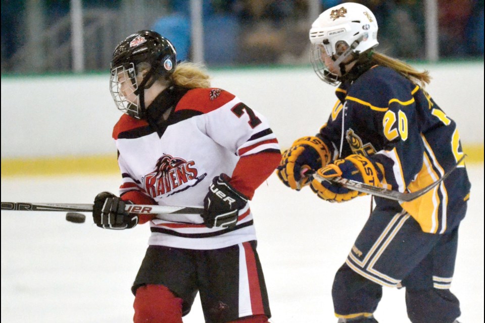 Richmond Bantam Ravens Jaden Cherry attempts to re-direct the incoming puck during her team’s 3-2 win over St. Albert Raiders at the 4th annual Pacific Coast Female Rep Hockey Classic.