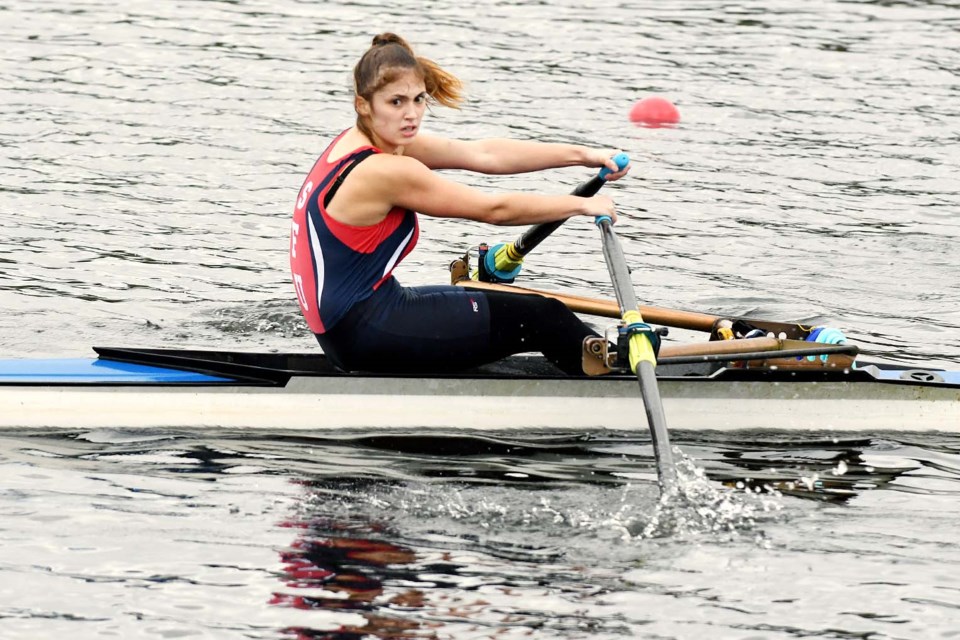 Simon Fraser University rower Rianna Fiorante watches her competiton in the women’s 1x race last week at the Western Canada University rowing championships at Burnaby Lake.