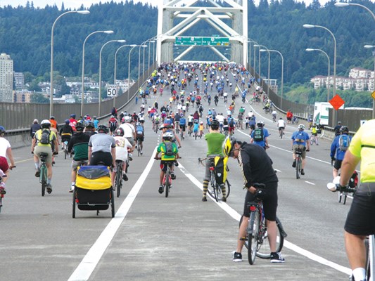 Just once a year, cyclists can enjoy the view of the Willamette River and downtown Portland from the Fremont Bridge - closed to motorists during the Providence Bridge Pedal ride. This year it is being held on Aug. 12.