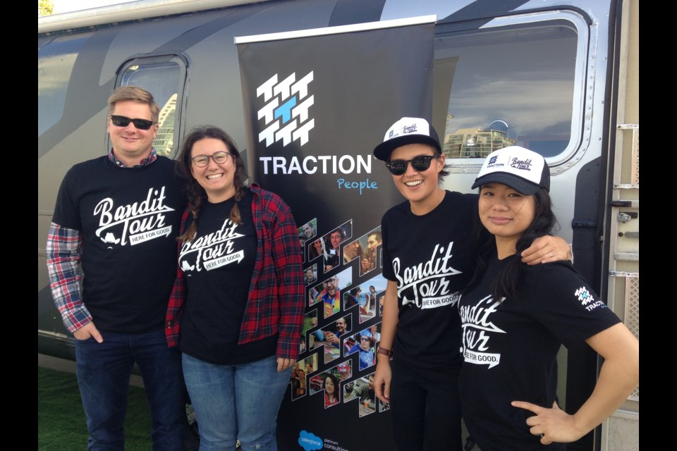 From left, Traction Bandits Graeme Moore, Jessica Demos, Zoe Cremin and Lynda En strike a pose during Traction on Demand’s Bandit Tour kick-off held last month. The Bandits offered free bike tune-ups, provided by Velofix, at the afternoon event held outside Science World.