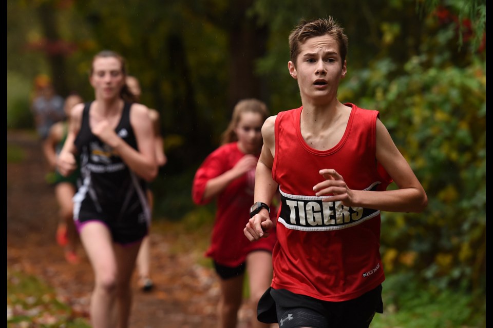Tupper Tiger Marcus Britnell finished second behind his teammate Dylan Uhrich in the 2016 VSSAA cross-country city championship at Fraserview Golf Course on Oct. 19, 2016. Photo Dan Toulgoet