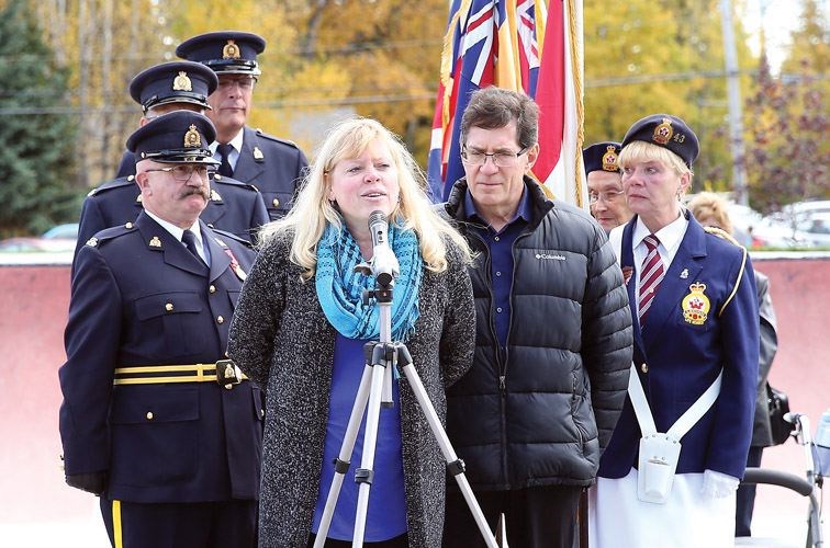 Colleen and Jim Fitzpatrick, the parents of Cpl. Darren Fitzpatrick, address the roughly 200 people in attendance at the official opening of the skate park at Cpl. Darren Fitzpatrick Bravery Park in September.  Citizen photo by James Doyle