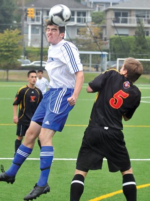 Handsworth's Jamie Barraclough rises for a header against West Vancouver.