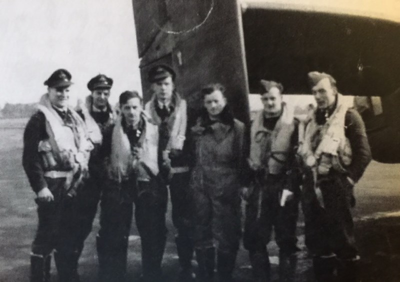 Douglas Milton (far left), an RAF navigator with the crew of his Halifax bomber that he completed 43 missions with over enemy territory. Photo submitted