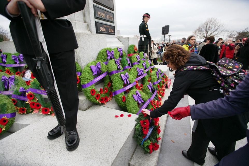 A wreath is laid a tthe War Memorial on the grounds of the B.C. legislature.