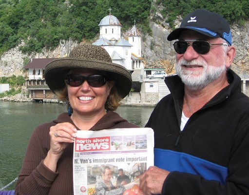 Debbie Kennedy and Dave Wellman head to a church on the shores of Europe's Danube River.